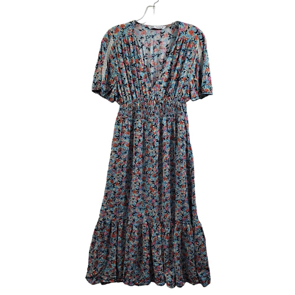 Zara Blue & Red Floral Midi Dress Short Sleeve Size L 4924-1134